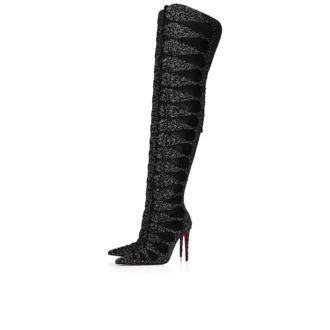 Circus Max Perla Botta Alta – 100 mm lårstövlar – mocka, mesh och strass – svart – dam Christian Louboutin USA